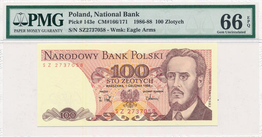 100 zł 1988 rok - seria SZ - PMG 66 EPQ